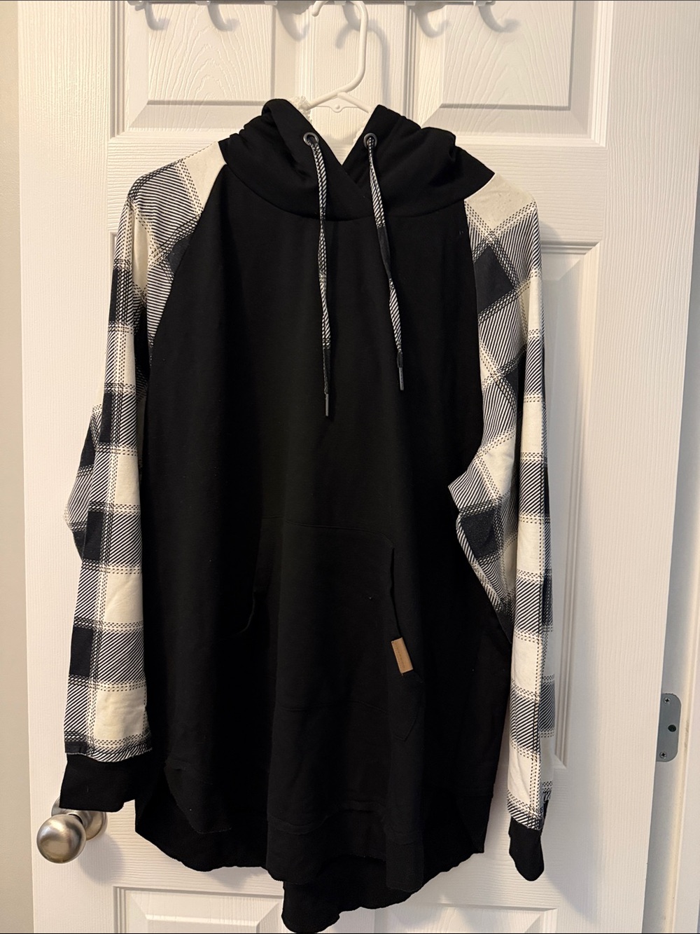 Maurices Black Hoodie with Black & White Plaid Sleeves